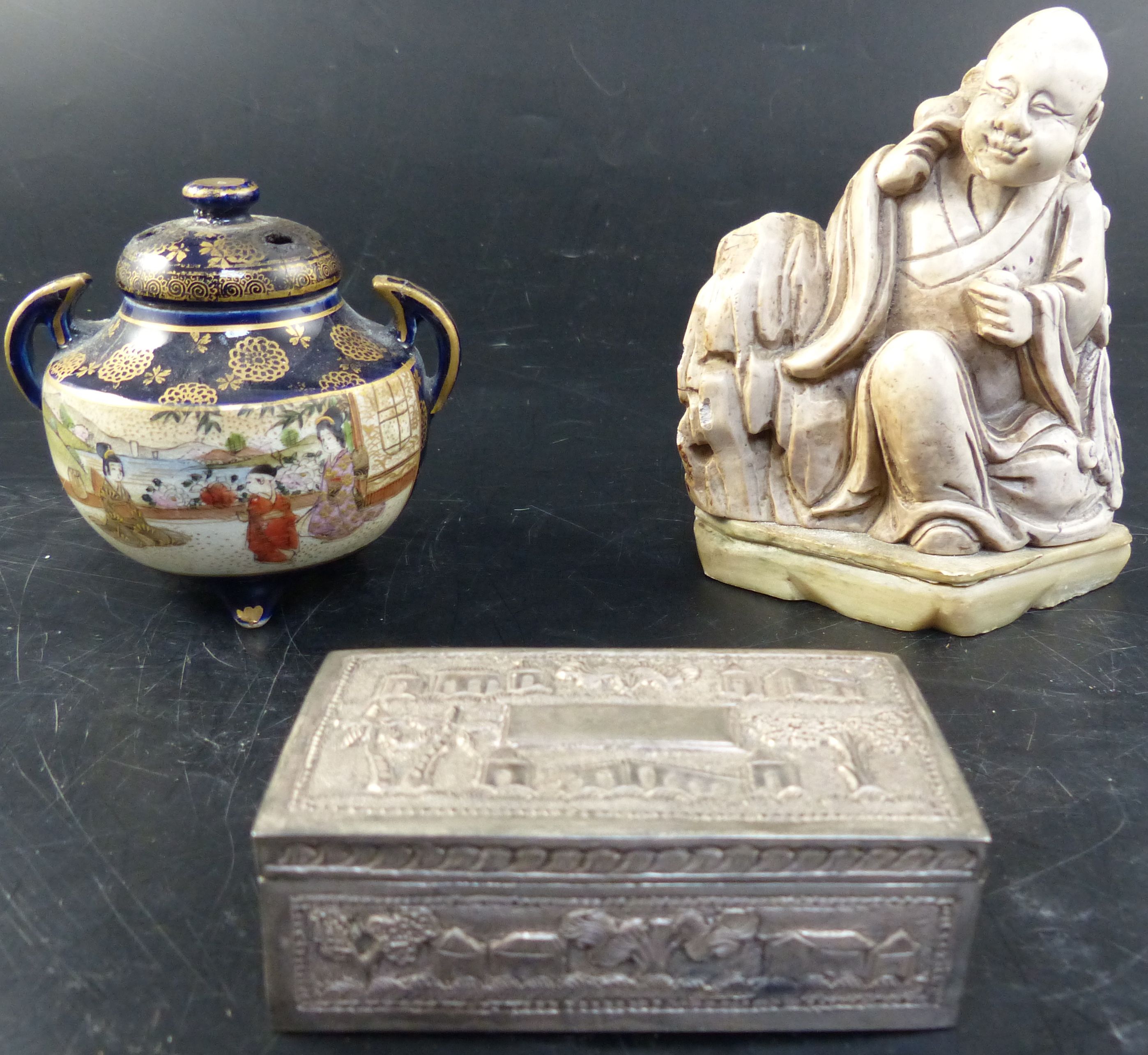 An early 20th century Indian white metal casket, a Satsuma koro, and a Chinese soap